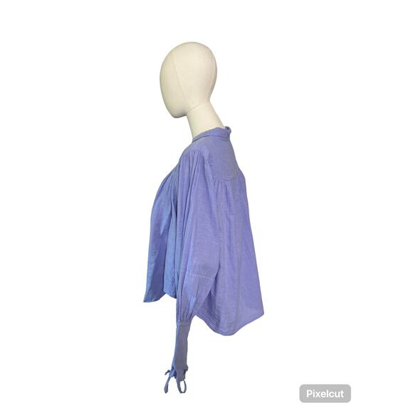 Free People Kiss Kiss Blouse Lilac Blue S | Button Front Lace-Up Cuff Boho Top - Picture 7 of 11